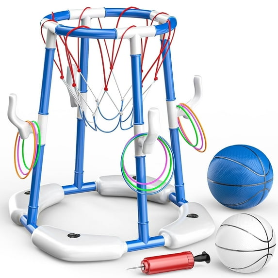JoyStone 2-in-1 Floating Pool Basketball Hoops & Pool Ring Toss Game, Pool Basketball Toys with 2 Balls & 12 Rings, Inflatable Swimming Pool Toys for Toddlers