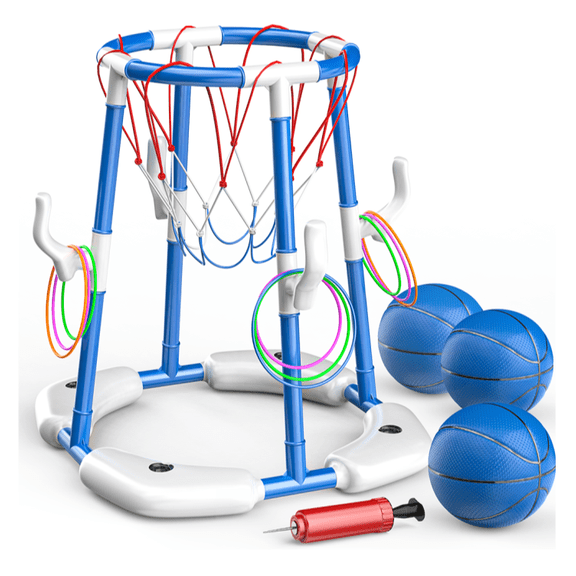 JoyStone 2-in-1 Floating Pool Basketball Hoops & Pool Ring Toss Game, Pool Basketball Toys with 3 Balls & 12 Rings, Inflatable Swimming Pool Toys for Toddlers