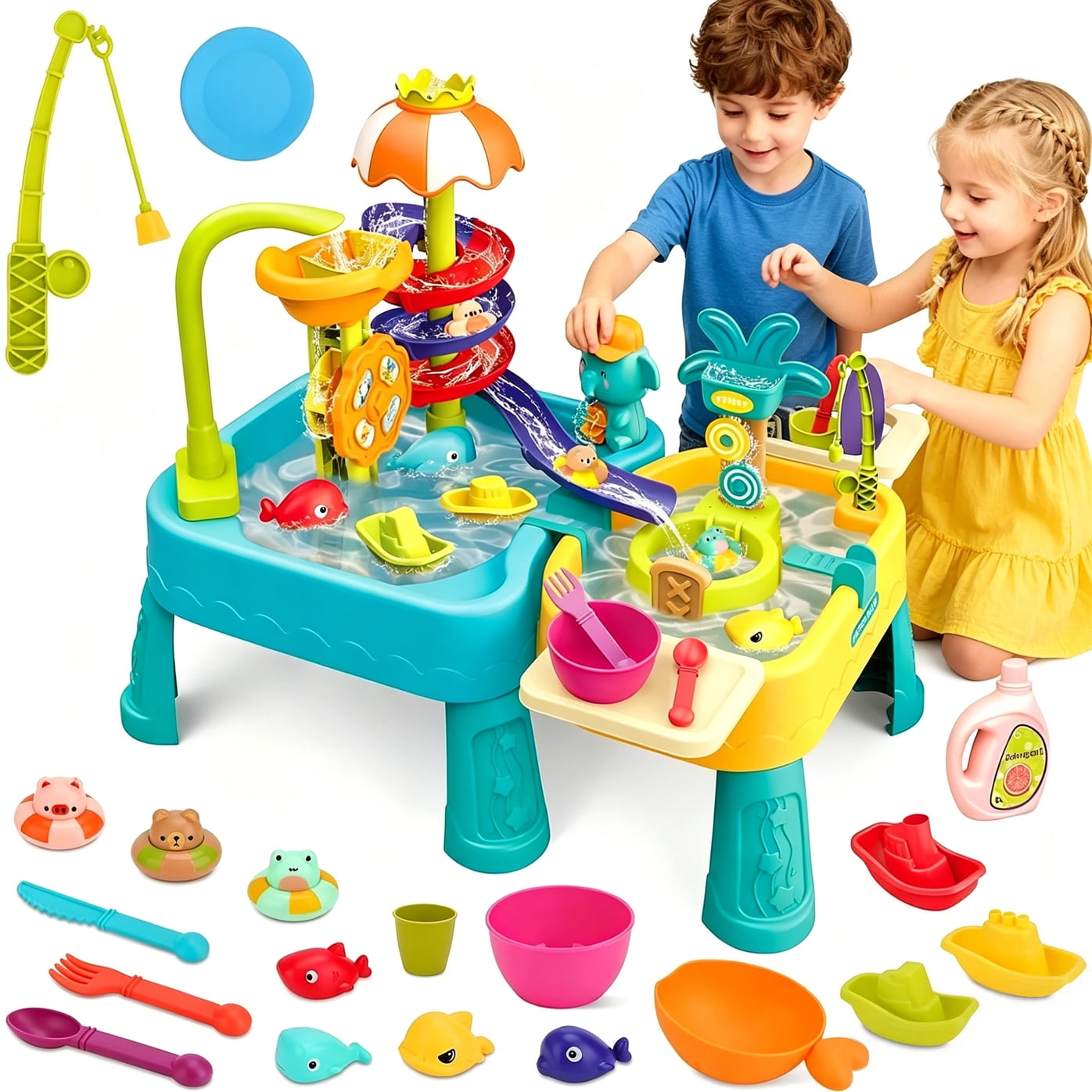 JoyStone JoyStone 2-in-1 Kids Sand Water Table/Play Kitchen Sink Toys with Real Circulating Faucet, Water Slide Activity Table, Outdoor Sensory Toy for Toddlers Boys Girls