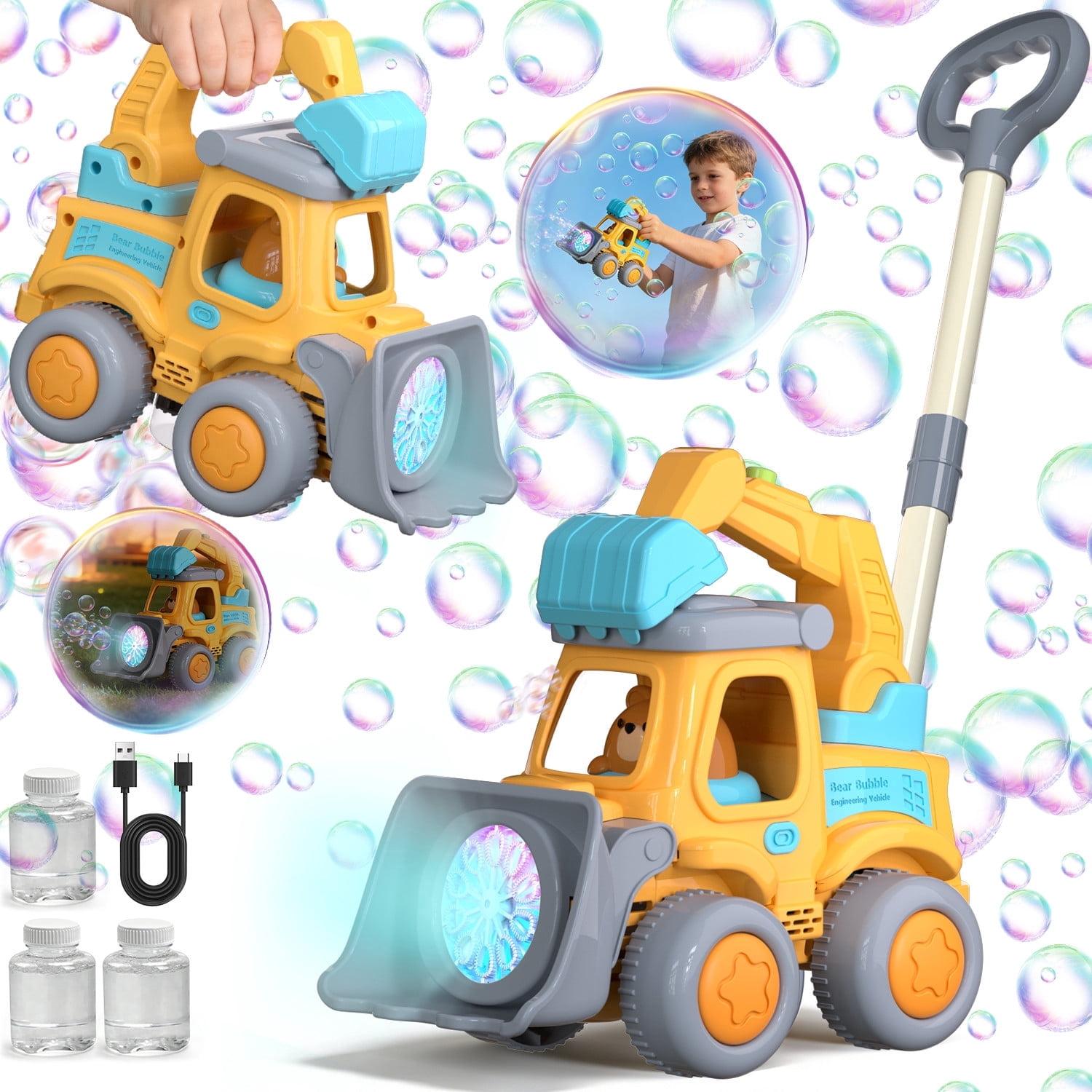 JoyStone JoyStone Automatic Bubble Machine Toys for Toddlers, Push & Handheld Bubble Lawn Mower with Lights, Rechargeable Bubble Blower Toy for Kids Ages 3–6, Yellow