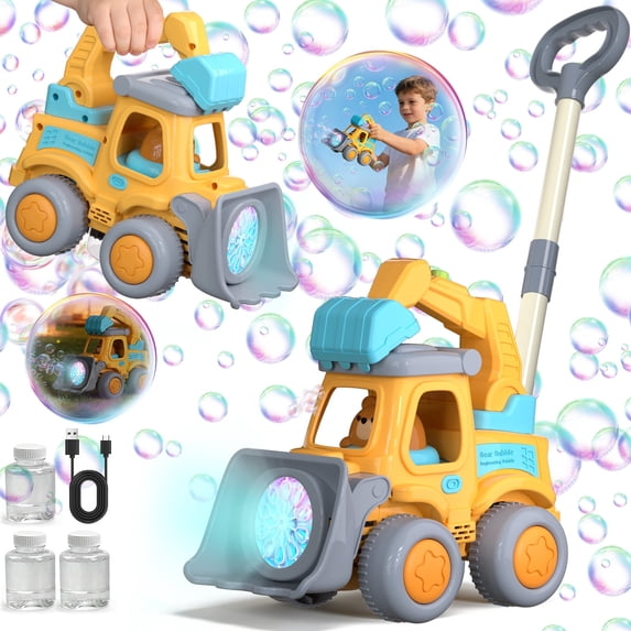 JoyStone Automatic Bubble Machine Toys for Toddlers, Push & Handheld Bubble Lawn Mower with Lights, Rechargeable Bubble Blower Toy for Kids Ages 3–6, Yellow