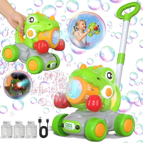 JoyStone Automatic Bubble Machine Toys for Toddlers, Push & Handheld Bubble Lawn Mower with Lights, Rechargeable Bubble Blower Toy for Kids Ages 3–6, Green