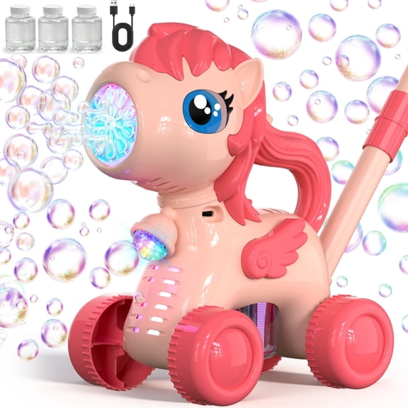 JoyStone Automatic Bubble Machine Toys for Toddlers, Push & Handheld Bubble Lawn Mower with Lights, Rechargeable Bubble Blower Toy for Kids Ages 3–6, Pink