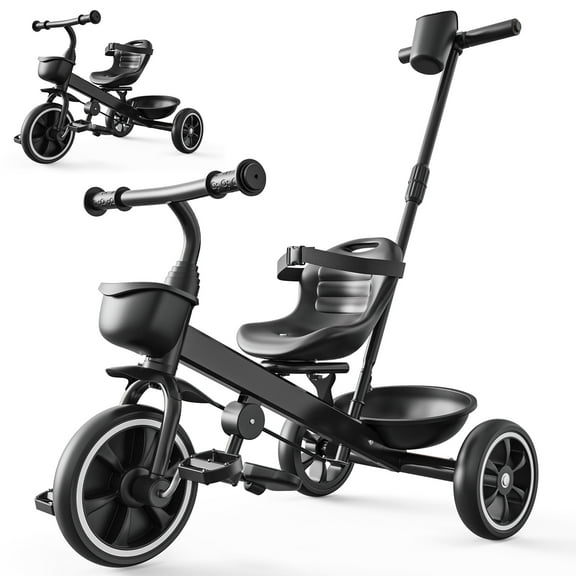 JoyStone 2-in-1 Toddler Tricycle for Ages 1-4 Years, Kids Trike Toddler Bike with Removable Push Handle, Adjustable Seat & Basket, Black