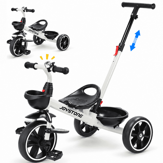 JoyStone 2-in-1 Toddler Tricycle, Kids Trike with Steerable Parent Push Handle, Foldable Footrest, Front & Rear Baskets, Bell, White