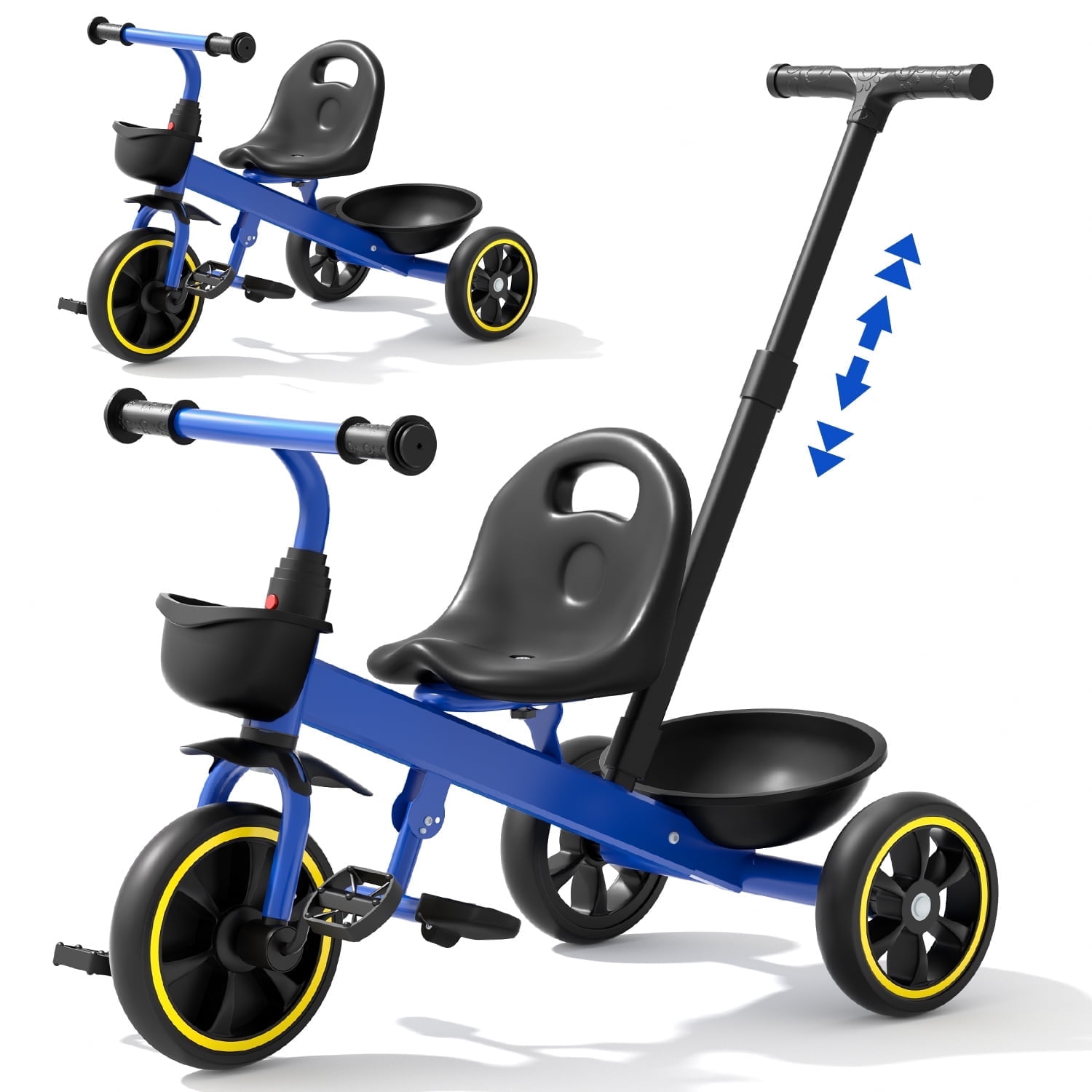 A black and blue tricycle in two modes