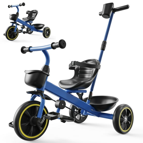JoyStone 2-in-1 Toddler Tricycle for Ages 1-4 Years, Kids Trike Toddler Bike with Removable Push Handle, Adjustable Seat & Basket, Blue