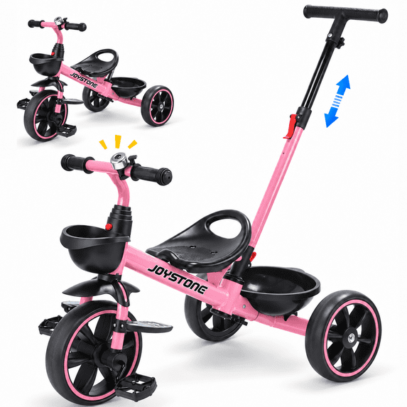 JoyStone 2-in-1 Toddler Tricycle, Kids Trike with Steerable Parent Push Handle, Foldable Footrest, Front & Rear Baskets, Bell, Pink