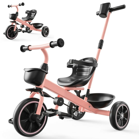 JoyStone 2-in-1 Toddler Tricycle for Ages 1-4 Years, Kids Trike Toddler Bike with Removable Push Handle, Adjustable Seat & Basket, Pink