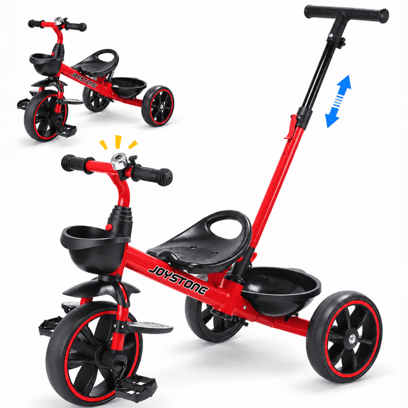 JoyStone 2-in-1 Toddler Tricycle, Kids Trike with Steerable Parent Push Handle, Foldable Footrest, Front & Rear Baskets, Bell, Red