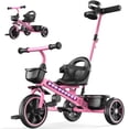 thumbnail image 1 of JoyStone 2-in-1 Toddler Tricycle, Kids Trike with Parent Push Handle, LED Lights, Adjustable Seat, Storage Basket, Push Tricycle Bike for 1-4 Year Old Boys and Girls, Pink, 1 of 11