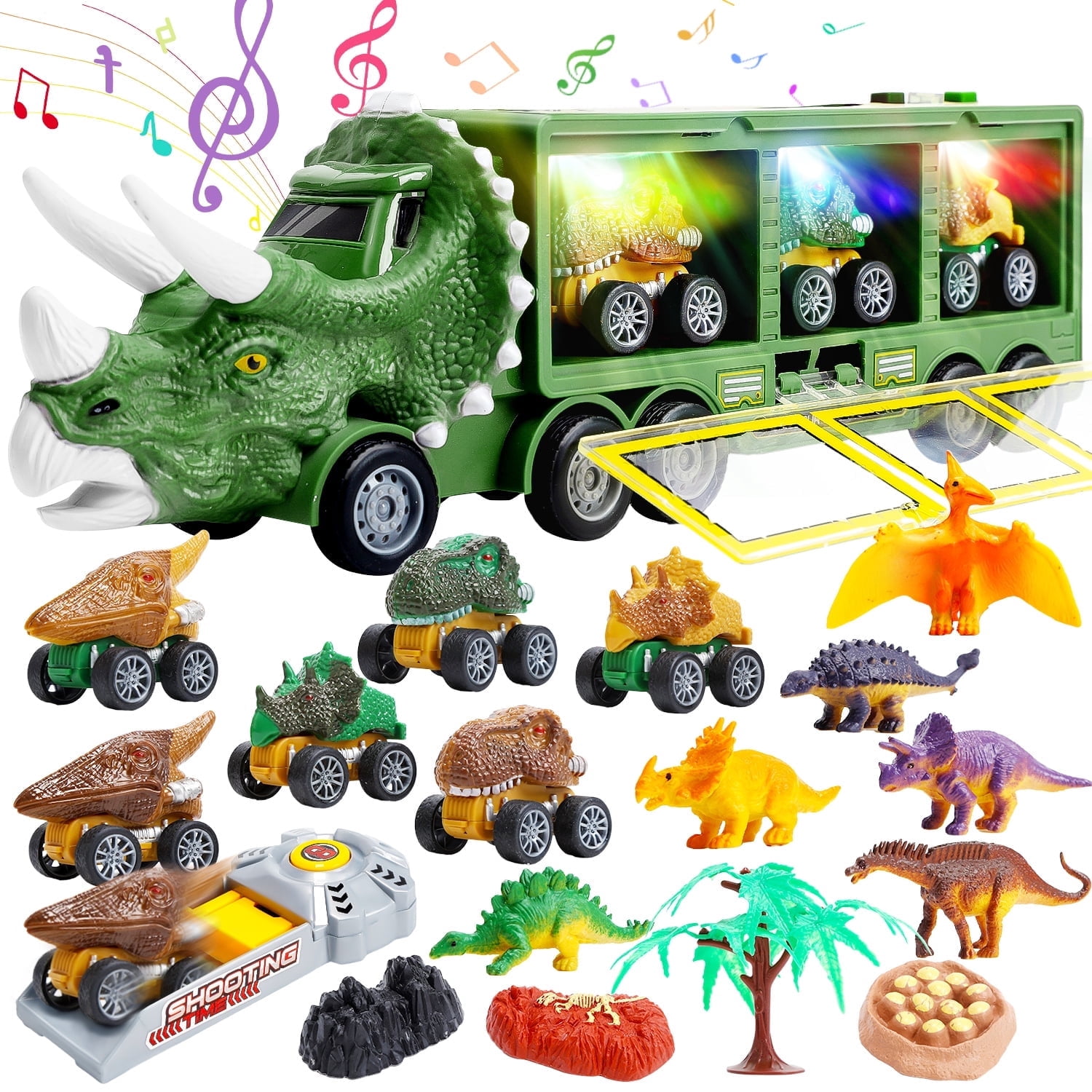 JoyStone 20 in 1 Dinosaur Truck Toys with Lights & Sounds,  Dinosaur Play Set for Kids 3-5 Years, Including 6 Pull Back Cars, 6 Dino Figures, Birthday Gift for Boys Girls, Green