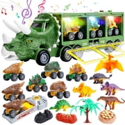 JoyStone 20 in 1 Dinosaur Truck Toys with Lights & Sounds, Dinosaur Play Set for Kids 3-5 Years, Including 6 Pull Back Cars, 6 Dino Figures, Birthday Gift for Boys Girls, Green