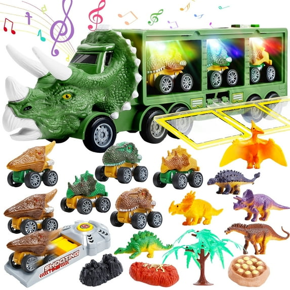 JoyStone 20 in 1 Dinosaur Truck Toys with Lights & Sounds, Dinosaur Play Set for Kids 3-5 Years, Including 6 Pull Back Cars, 6 Dino Figures, Birthday Gift for Boys Girls, Green