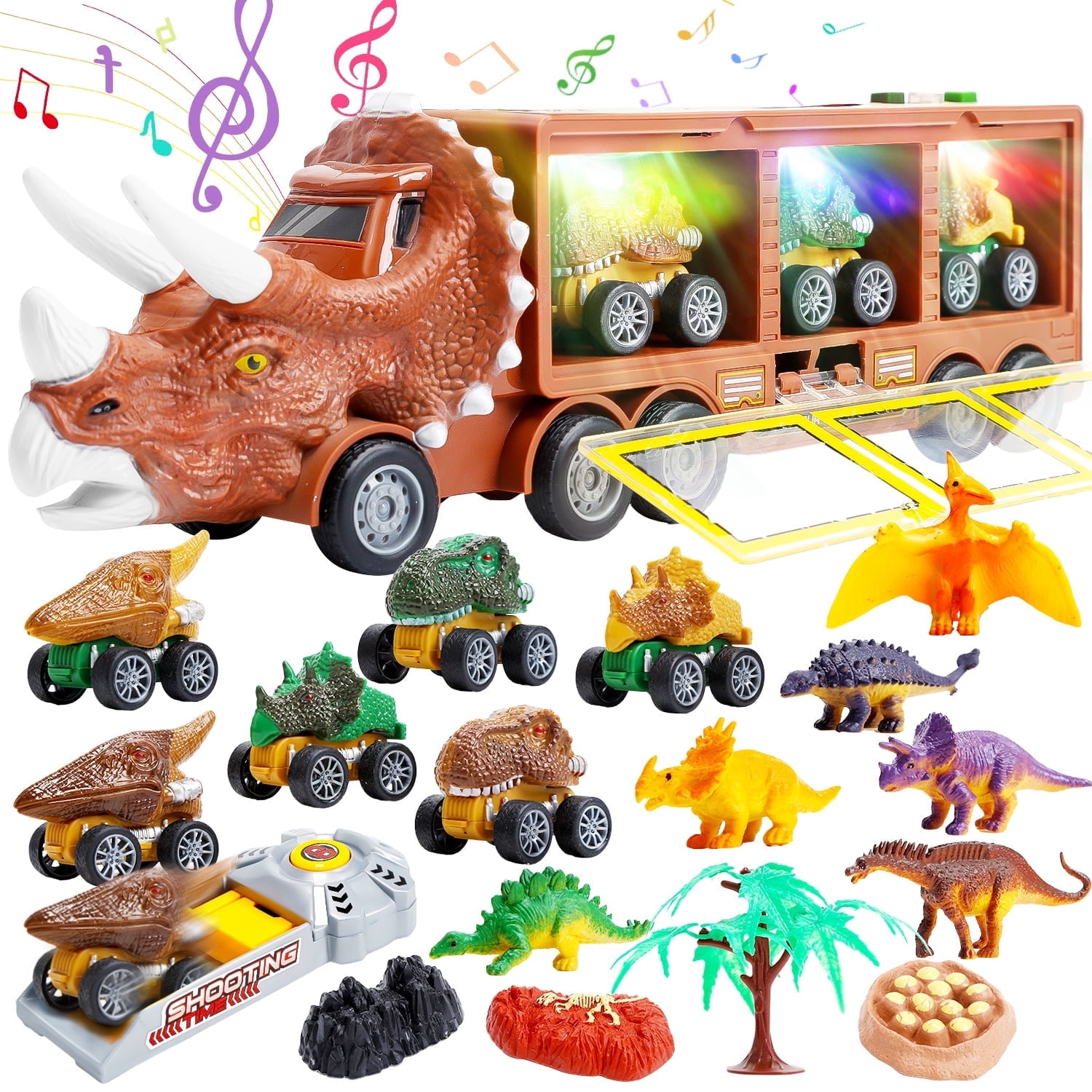 JoyStone 20 in 1 Dinosaur Truck Toys with Lights & Sounds,  Dinosaur Play Set for Kids 3-5 Years, Including 6 Pull Back Cars, 6 Dino Figures, Birthday Gift for Boys Girls, Brown