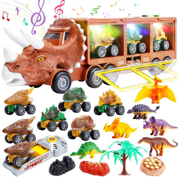 JoyStone 20 in 1 Dinosaur Truck Toys with Lights & Sounds,  Dinosaur Play Set for Kids 3-5 Years, Including 6 Pull Back Cars, 6 Dino Figures, Birthday Gift for Boys Girls, Brown