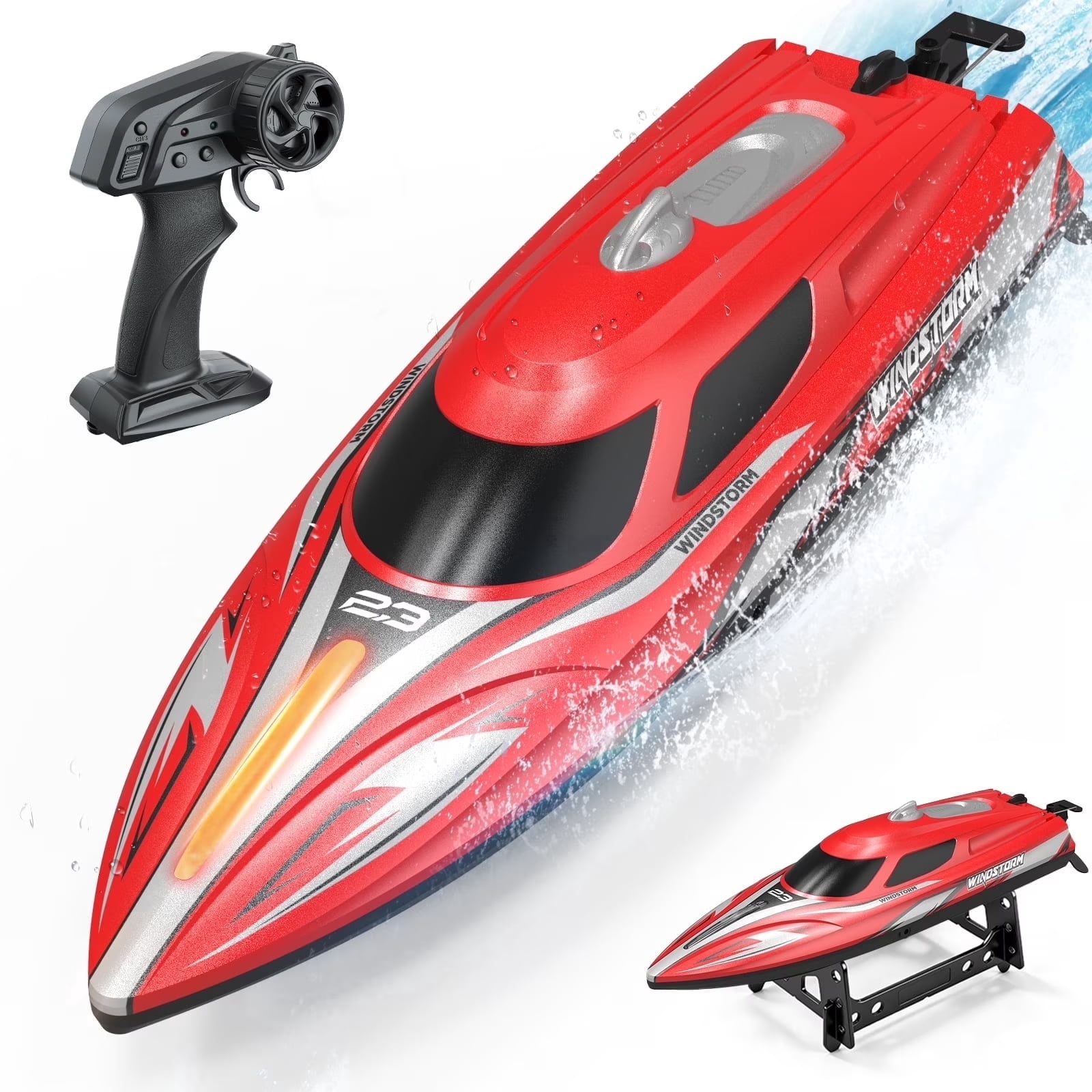 JoyStone 20+ mph RC Boat for Pool & Lakes, 14 inch Remote Control Boat with LED Lights, 2 Batteries 40Mins, Pool Toys for Adults & Kids (Red)