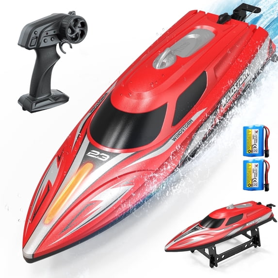 JoyStone 20+ mph RC Boat for Pool & Lakes, 14 inch Remote Control Boat with LED Lights, 2 Batteries 40Mins, Pool Toys for Adults & Kids (Red)