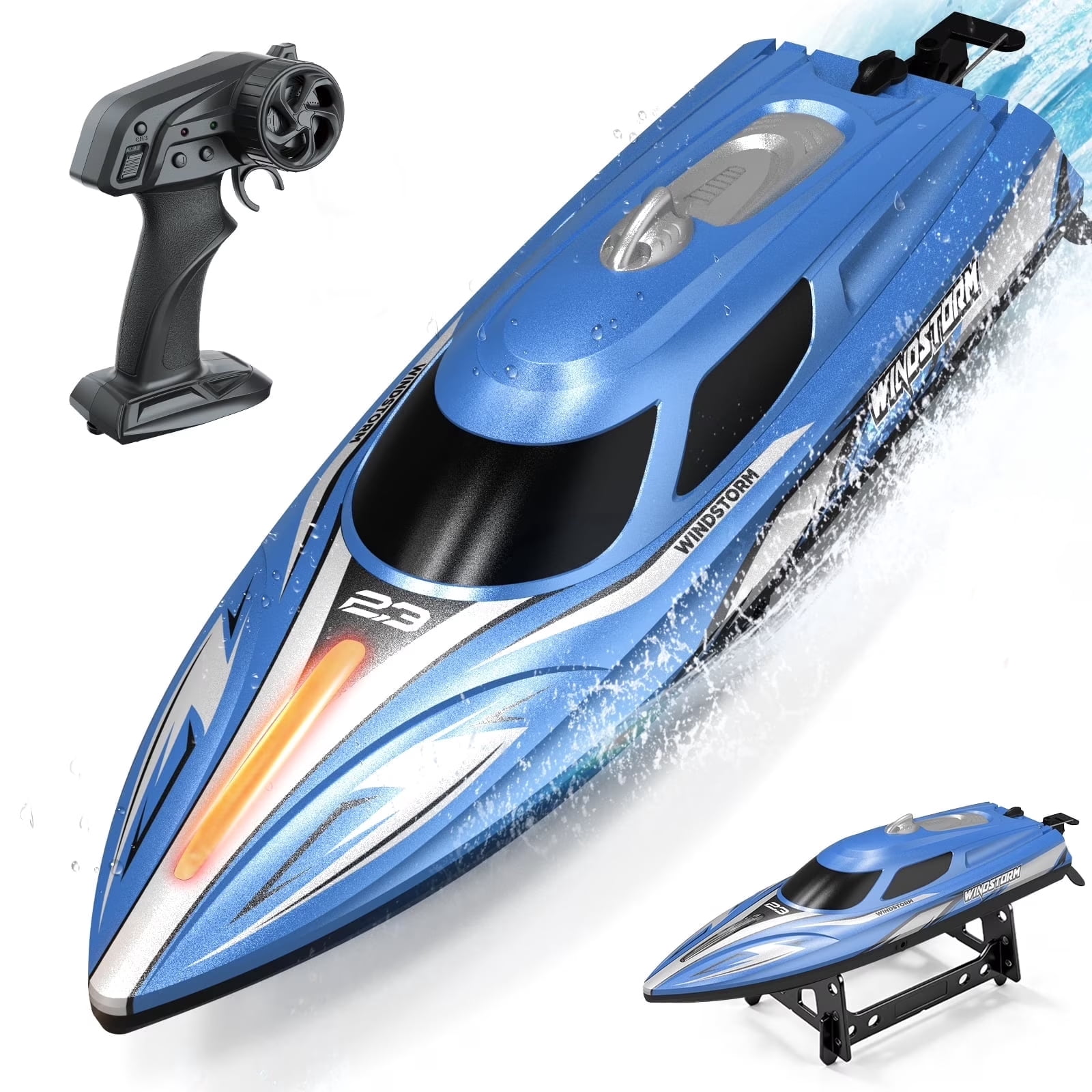 JoyStone 20+ mph RC Boat for Pool & Lakes, 14 inch Remote Control Boat with LED Lights, 2 Batteries 40Mins, Pool Toys for Adults & Kids (Blue)