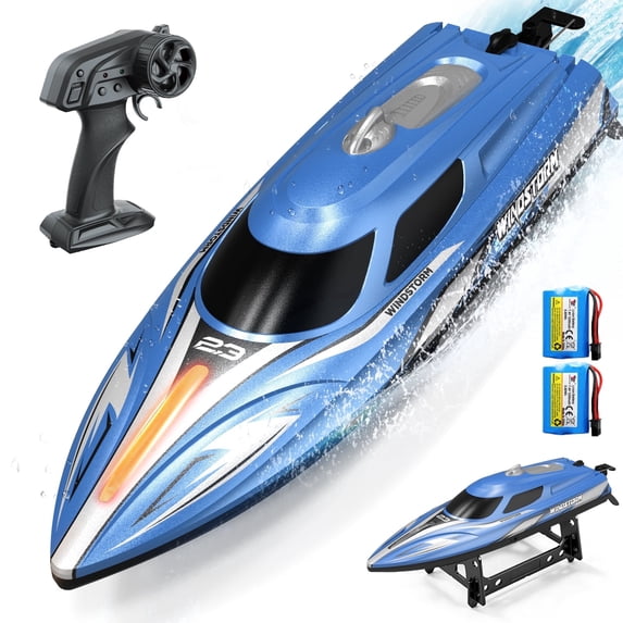 JoyStone 20+ mph RC Boat for Pool & Lakes, 14 inch Remote Control Boat with LED Lights, 2 Batteries 40Mins, Pool Toys for Adults & Kids (Blue)