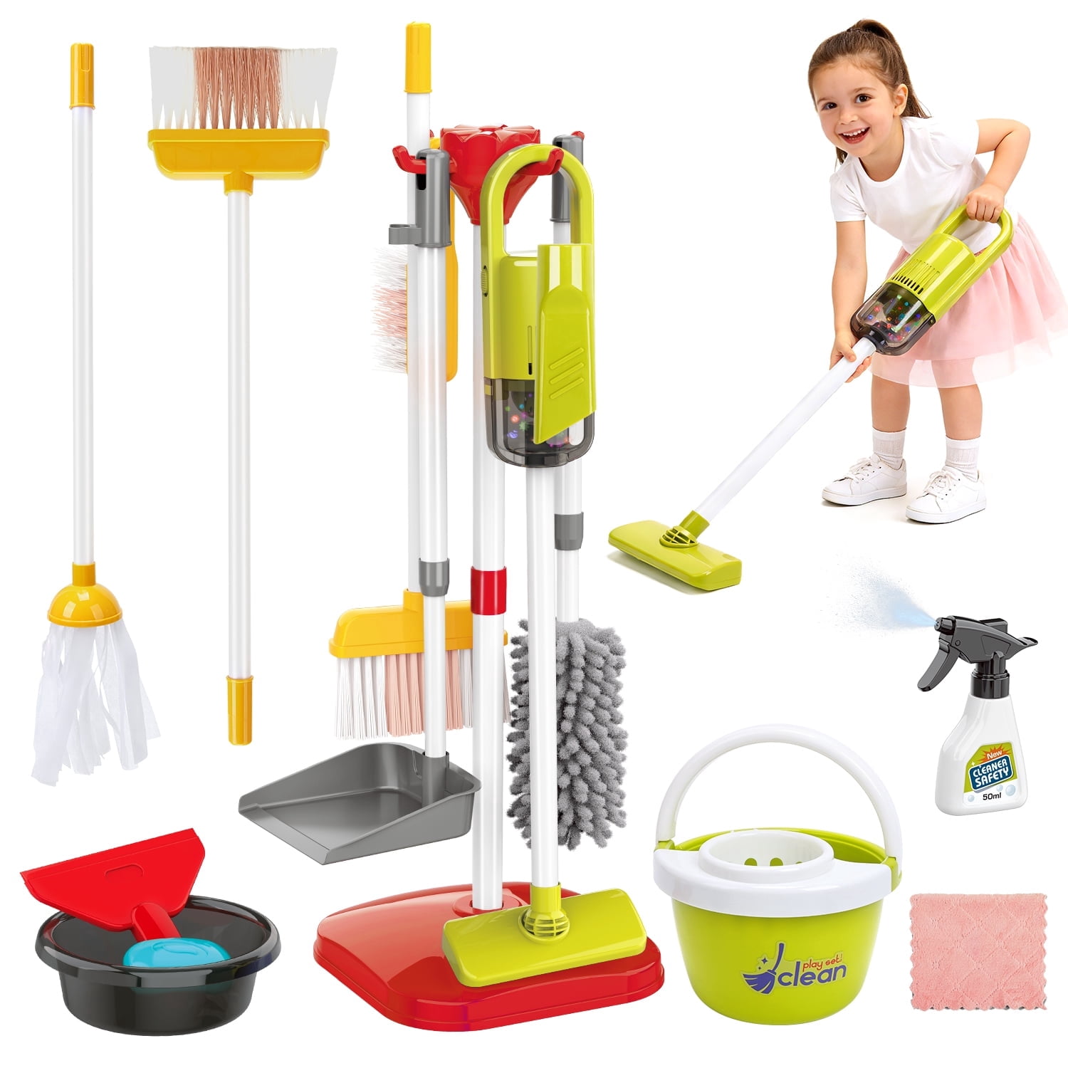 JoyStone JoyStone 22 Pcs Kids Cleaning Set, Housekeeping Pretend Play Kit Toddler Role Play Toys, Include Broom Mop Duster Dustpan Brushes Rag, Play House Game Toy for Kids Age 3+, Red