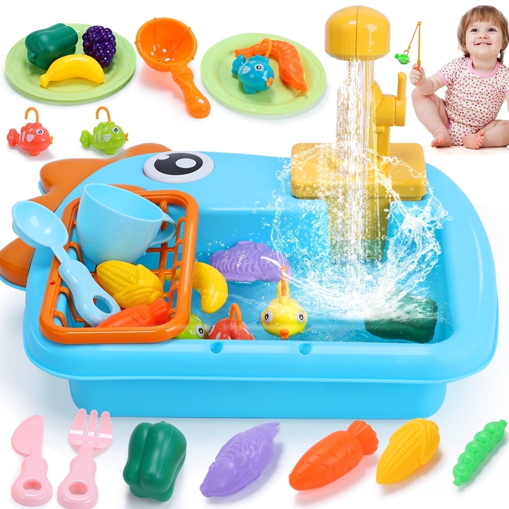 JoyStone 24 PCS Kitchen Play Sink Toys, Dinosaur Electronic Dishwasher Sink with Running Water, Fishing Game Toys and Play Food for Kids, Blue