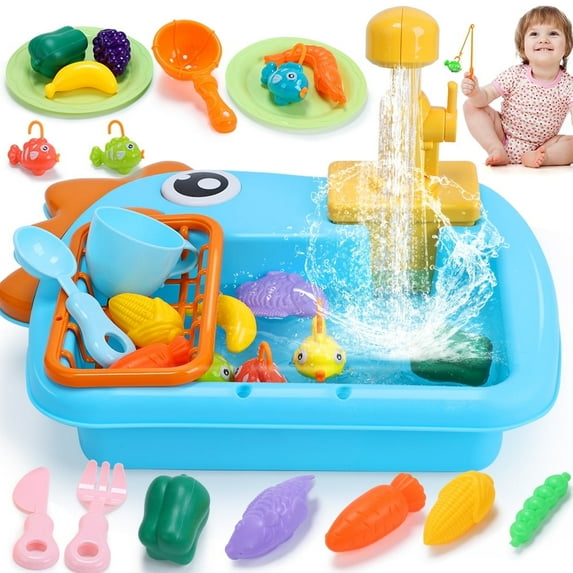 JoyStone 24 PCS Kitchen Play Sink Toys, Dinosaur Electronic Dishwasher Sink with Running Water, Fishing Game Toys and Play Food for Kids, Blue