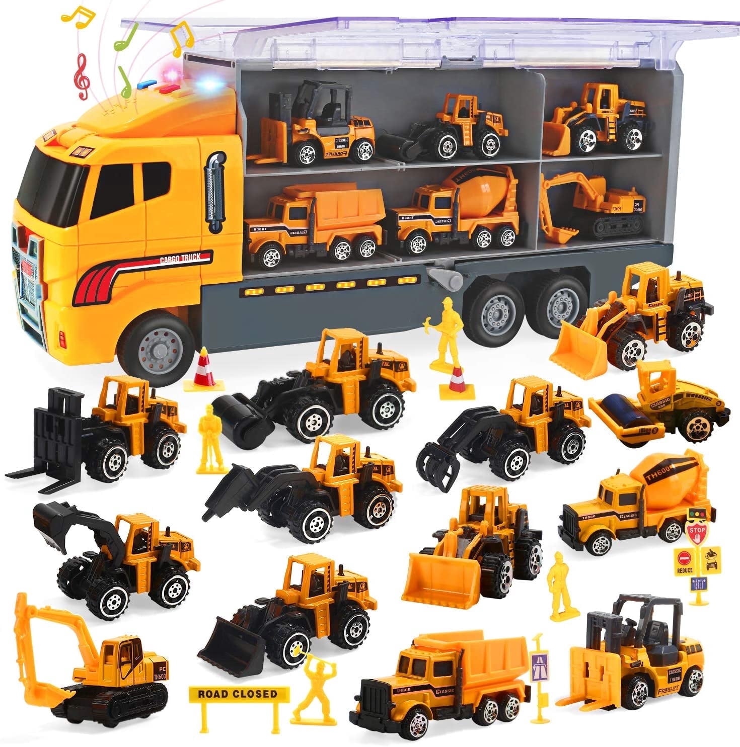 JoyStone JoyStone 25 in 1 Construction Trucks Push and Go Car Carrier Truck Toy, Play Vehicles with Sounds and Lights, 12 Mini Diecast Trucks Included