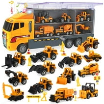 JoyStone 25 in 1 Construction Trucks Push and Go Car Carrier Truck Toy, Play Vehicles with Sounds and Lights, 12 Mini Diecast Trucks Included