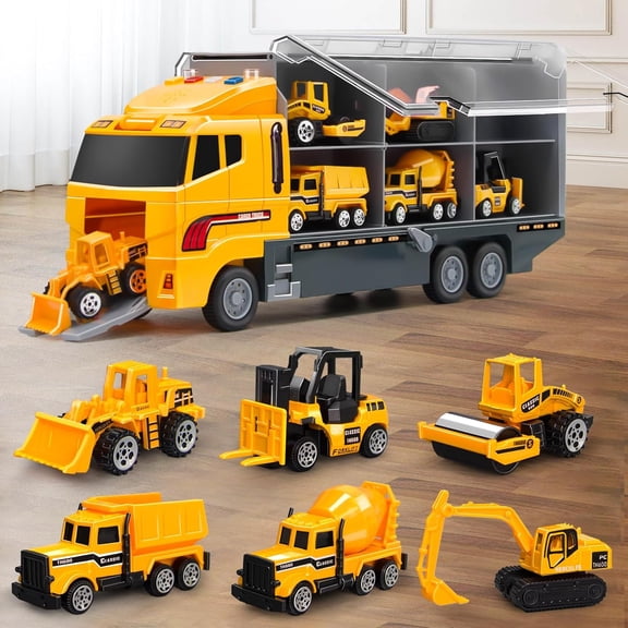 JoyStone 25 in 1 Construction Trucks Push and Go Car Carrier Truck Toy, Play Vehicles with Sounds and Lights, 12 Mini Diecast Trucks Included