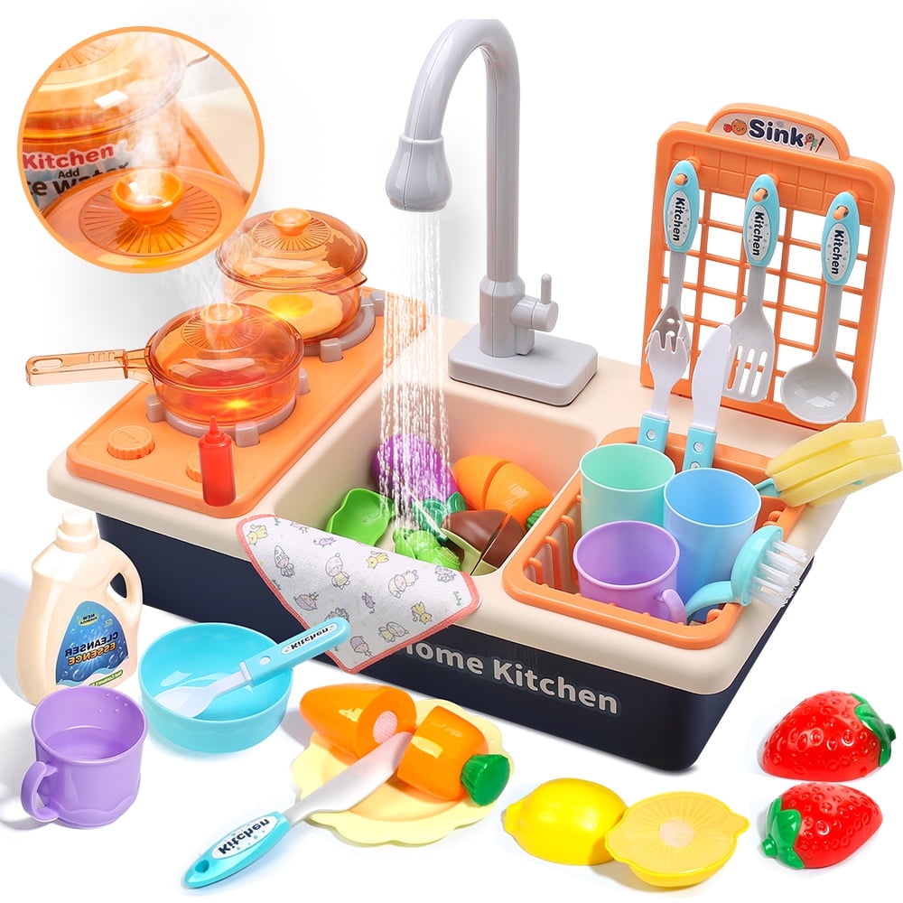 CUTE STONE Play Kitchen Sink Toys with Upgraded Real Faucet, Play Cooking  Stove, Cookware Pot and Pan,Play Food, Color Changing Dishes Accessories  for Boys Girls Toddlers 