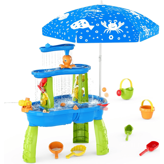 JoyStone 3-Tier Kids Sand Water Table with Umbrella, Outdoor Sensory Play Table Toy, 28.66" Tall, Summer Gift for Toddlers & Kids