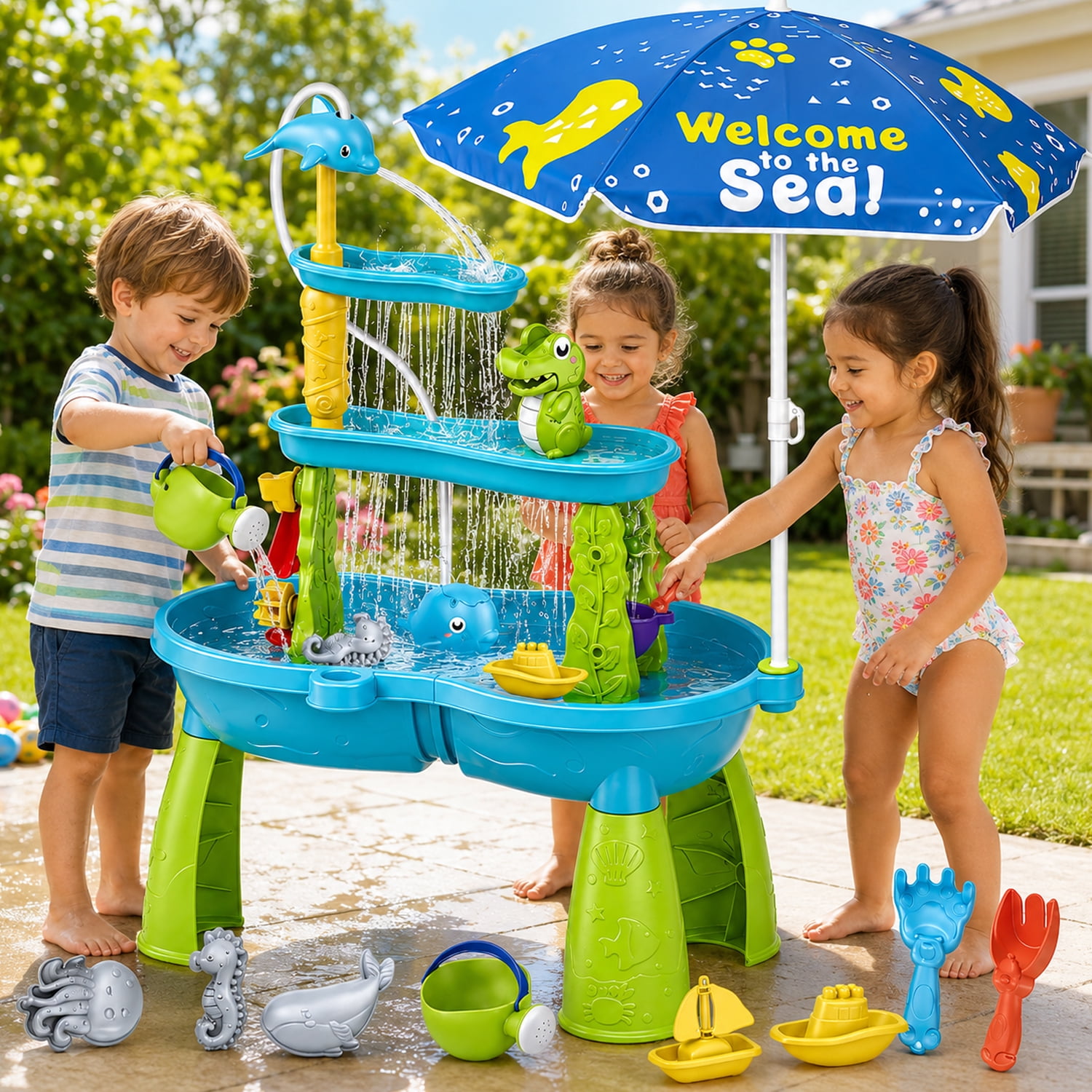 JoyStone JoyStone 3-Tier Kids Sand Water Table with Umbrella & Water Pump, Outdoor Sensory Play Table Toy, 33.66" Tall, Summer Gift for Toddlers & Kids