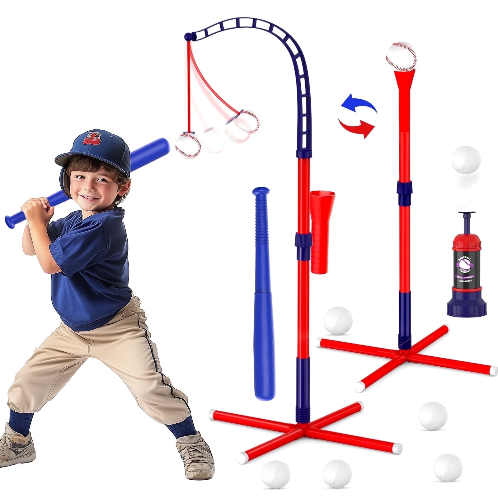 JoyStone 3-in-1 Baseball Set for Kids, Tee Ball Stand, Hanging Tee, Ball Launcher and 6 Softballs - Adjustable Height Baseball, Indoor/Outdoor Sports Gifts for Boys