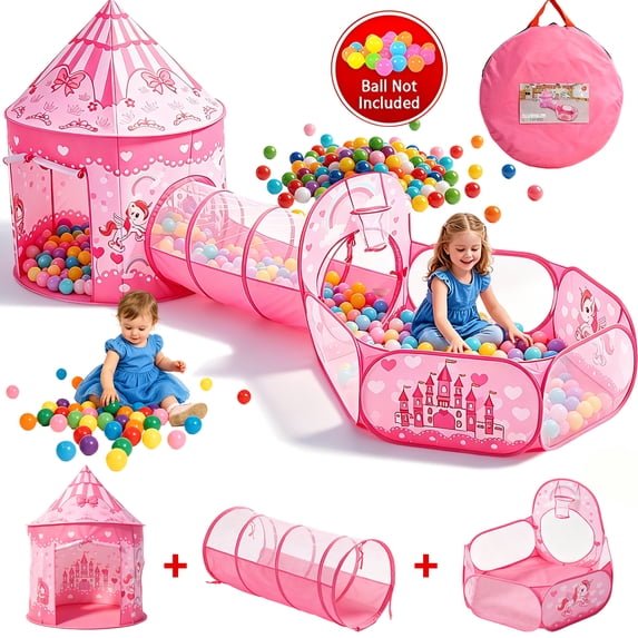JoyStone 3-in-1 Kids Princess Play Tent with Tunnel & Ball Pit, Pop Up Playhouse for Toddlers, Indoor & Outdoor Toy, Foldable with Carrying Bag, Pink (Balls Not Included)
