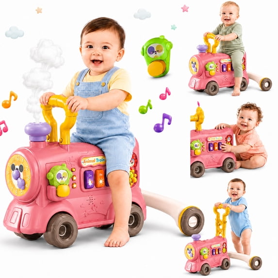 JoyStone 3-in-1 Musical Baby Walker and Activity Center for Toddlers, Ride-On Train with Sensory Play Panel, Early Learning Push Toy Gift for Infants, Pink