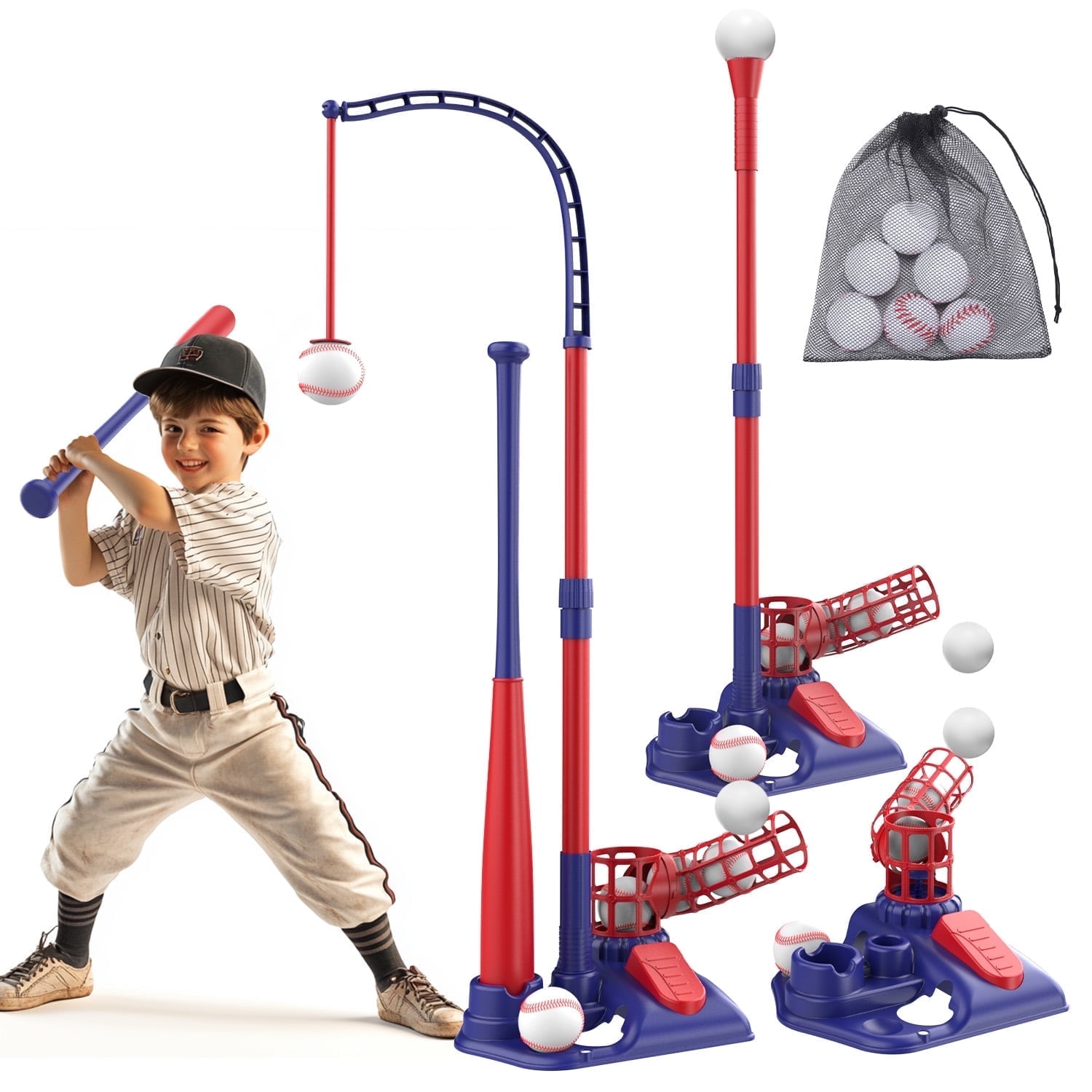 JoyStone 3-in-1 T Ball Set for Kids, 2.5-3.9ft Height Adjustable Tee Ball Stand, Hanging Tee, Pitching Machine, Tball Bat with 6 Balls, Indoor/Outdoor Sport Gifts for Boys \u0026 Girls