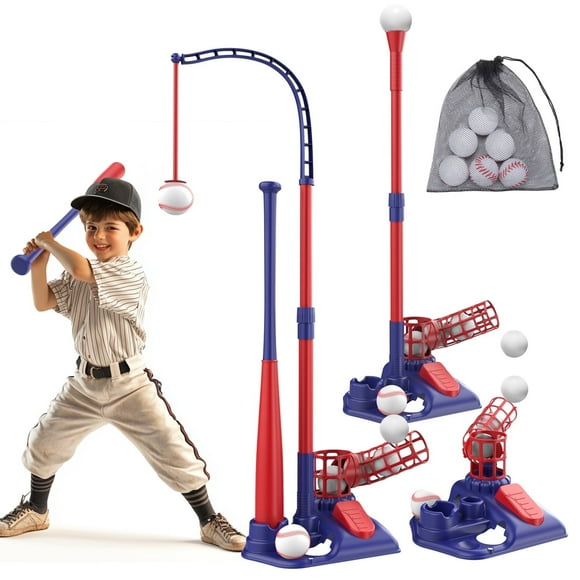 JoyStone 3-in-1 T Ball Set for Kids, 2.5-3.9ft Height Adjustable Tee Ball Stand, Hanging Tee, Pitching Machine, Tball Bat with 6 Balls, Indoor/Outdoor Sport Gifts for Boys & Girls