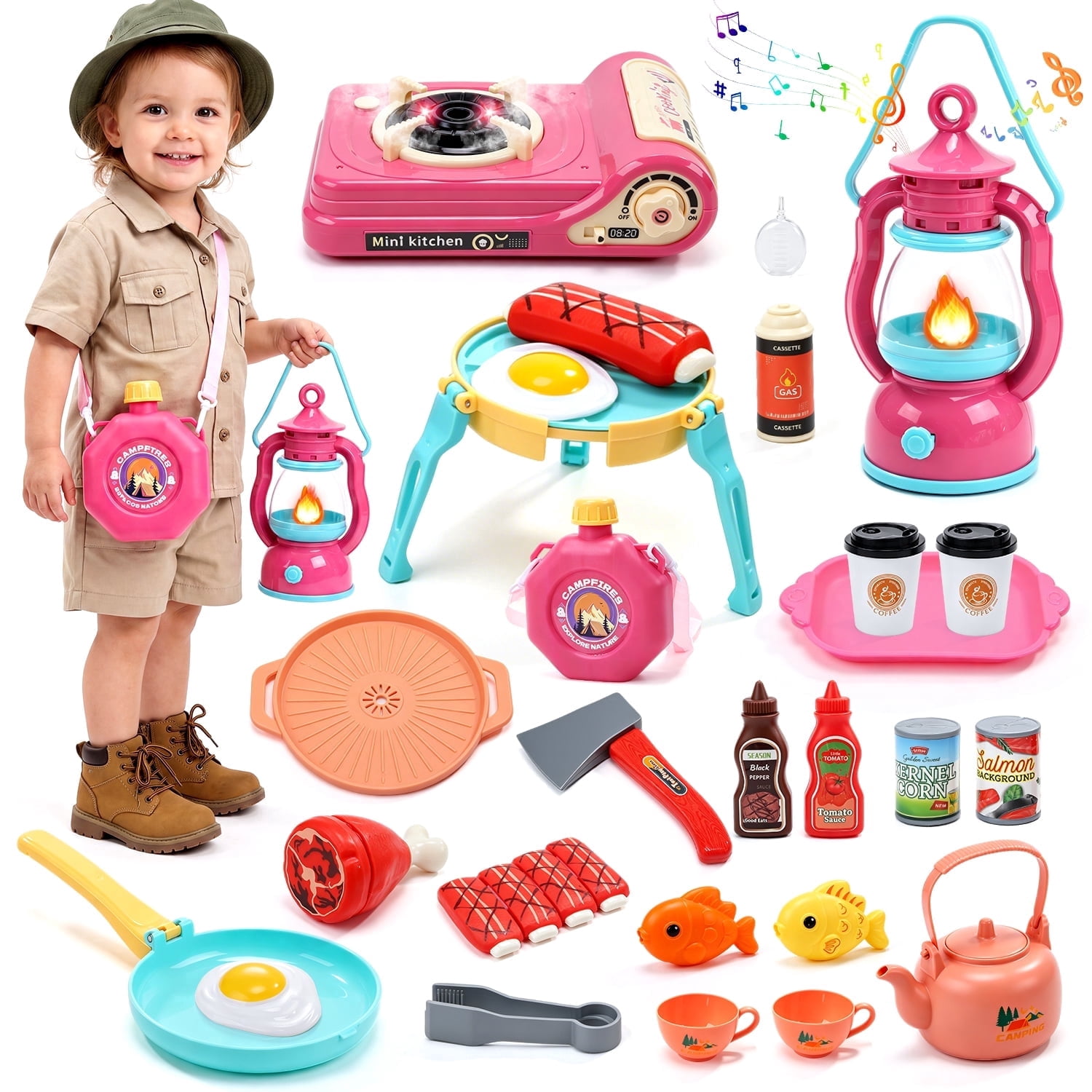JoyStone JoyStone 30PCS Kids Camping Tent Playset, Pretend Camping Toy Set with Light & Sound Lantern, Campfire & Stove, Play Food Accessories, Storage Bag, Outdoor Role Play Gift for Kids 3+, Pink