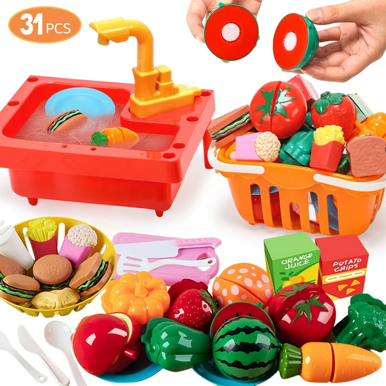 Fun Little Toys 15.7 inch Pretend Play Sink Toys, 31 Pcs Pretend Play Kitchen Toys Set with Play Food, Cutting Food and Utensils Tableware Accessories