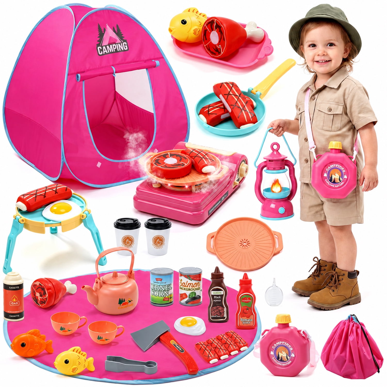 JoyStone JoyStone 32PCS Kids Camping Playset with Tent and Picnic Mat, Pink Pretend Camping Set with Mist Stove, Light & Sound Camping Lantern, Shoulder Strap Kettle, Indoor Outdoor Toys for Kids Ages 3+