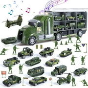 JoyStone 33 in 1 Military Truck Toy, Green Army Toy Set with Soldiers and Roadblocks, Mini Battle Truck Toy in Carrier Truck with Lights and Sounds, Gift for Toddler Boys Aged 3+