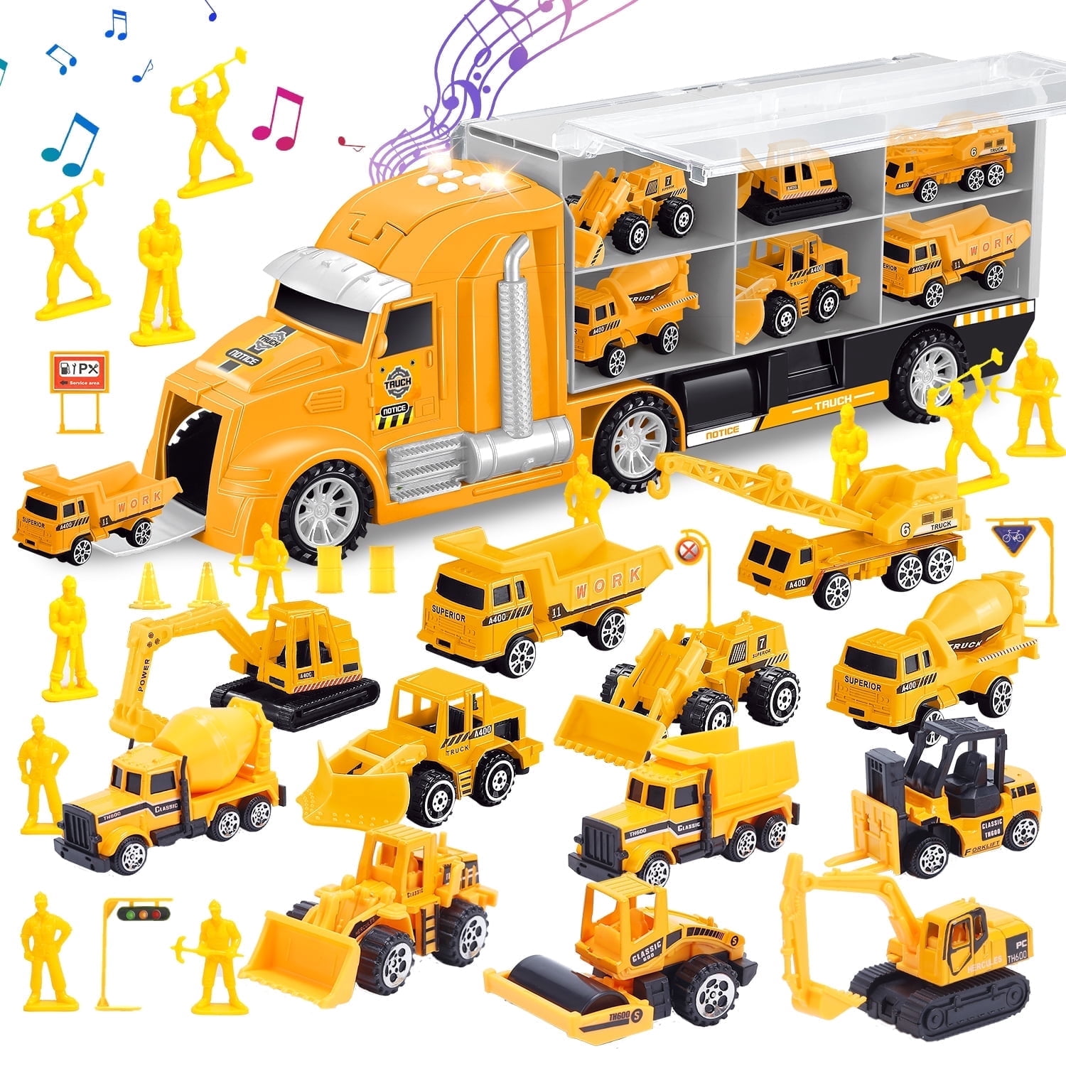 JoyStone JoyStone 33-in-1 Die-Cast Construction Vehicle Set with Lights & Sounds, Alloy Car Transport Truck Toy, Birthday Gift for Kids, Yellow