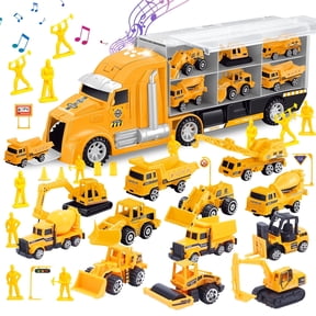JoyStone 33-in-1 Die-Cast Construction Vehicle Set with Lights & Sounds, Alloy Car Transport Truck Toy, Birthday Gift for Kids, Yellow