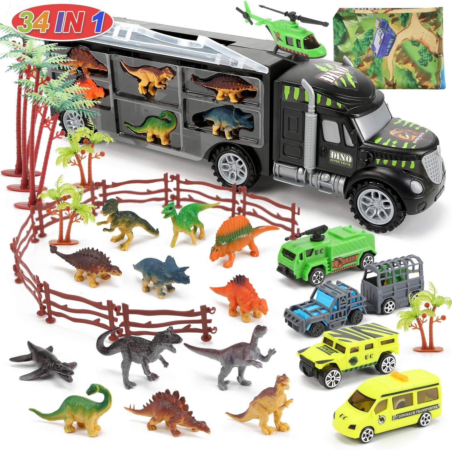 JoyStone Dinosaurs Truck, Dino Transport Car Carrier Truck Toy with 12 Mini Dinosaur Figures and 4 Cars, Dino Park Toy Birthday Gift for 3+ Year Old Boys and Toddlers