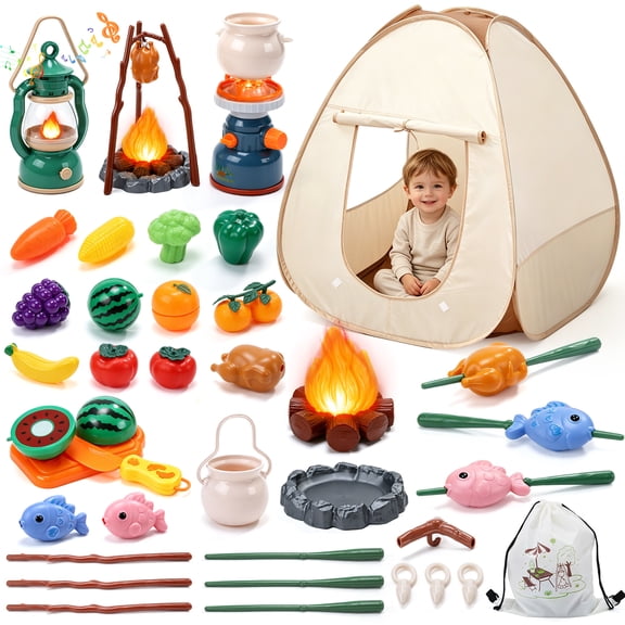 JoyStone 34PCS Kids Camping Tent Playset, Pretend Camping Toy Set with Light & Sound Lantern, Campfire & Stove, Play Food Accessories, Storage Bag, Indoor Outdoor Role Play Gift for Kids 3+