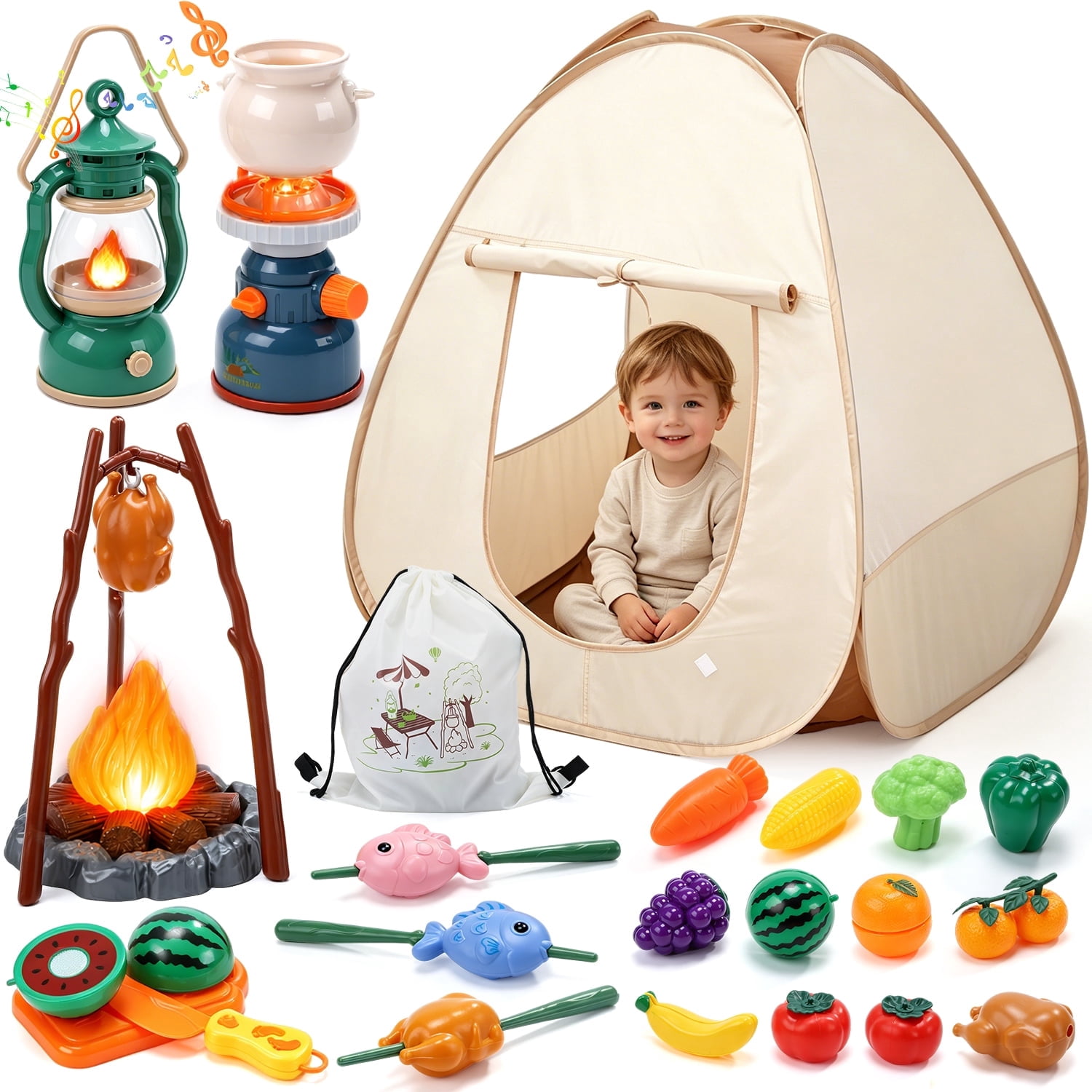 JoyStone JoyStone 34PCS Kids Camping Tent Playset, Pretend Camping Toy Set with Light & Sound Lantern, Campfire & Stove, Play Food Accessories, Storage Bag, Indoor Outdoor Role Play Gift for Kids 3+