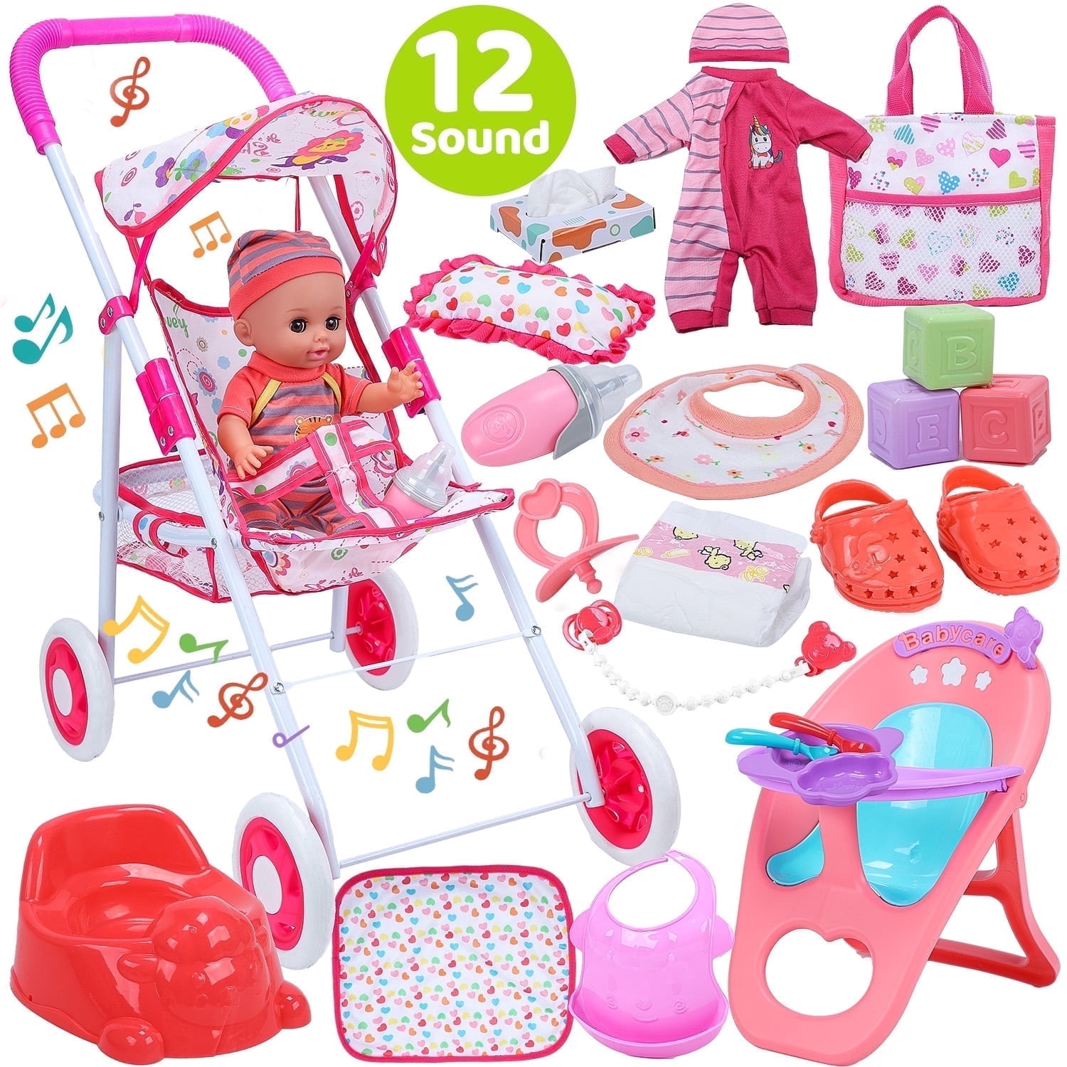 JoyStone JoyStone Baby Doll Play Set with 12.5" Baby Doll, 21'' Foldable Doll Stroller, High Chair, 35 PCS Baby Doll Accessories and 2 Sets Doll Clothes, Pretend Play Toys for Girls Toddlers