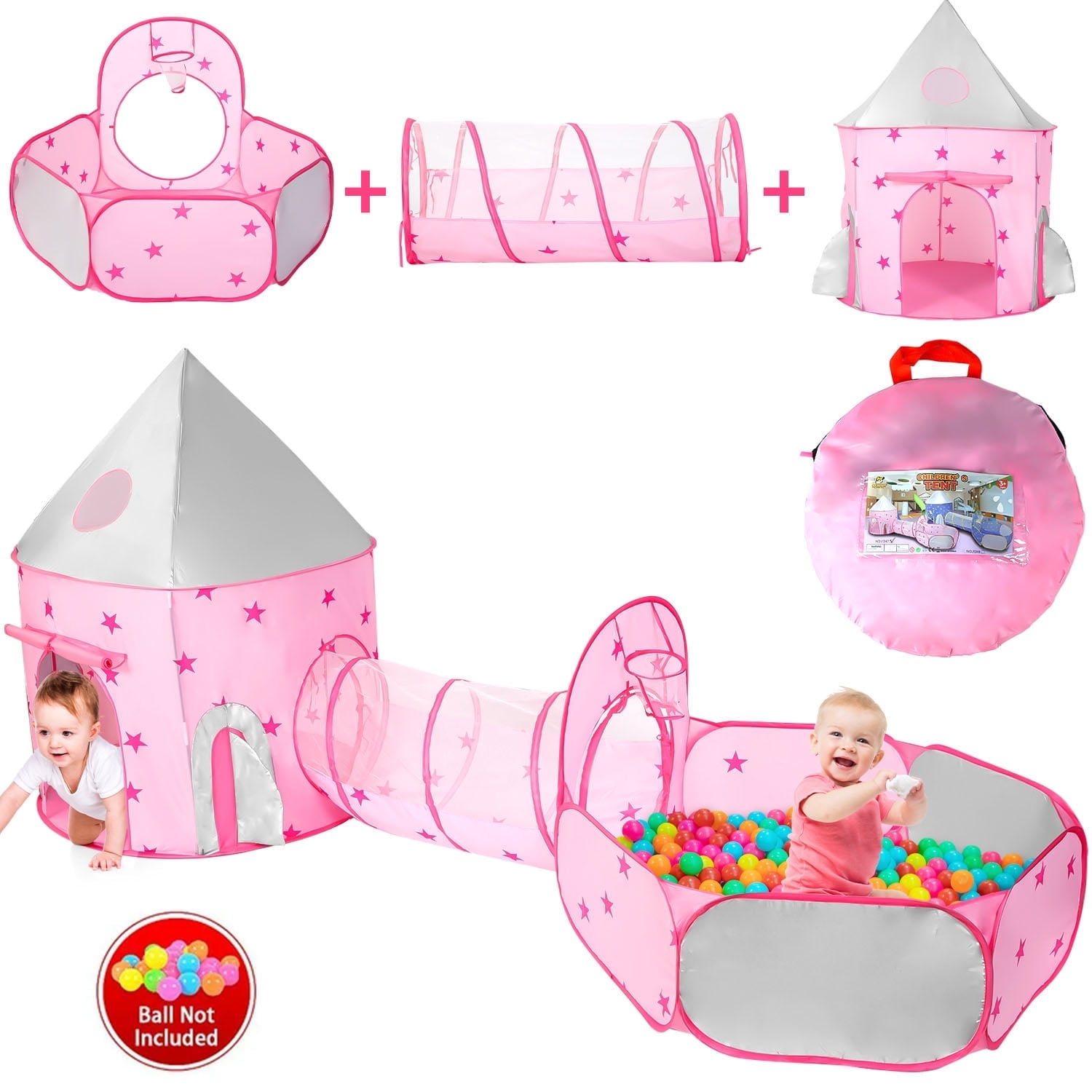 JoyStone JoyStone 3pc Toddler Pop up Kids Play Tent with Tunnel and Ball Pit for Boys, Girls and Toddlers, Indoor& Outdoor Play House, Perfect Kid's Gifts (Pink)