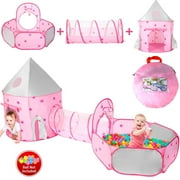 JoyStone 3pc Toddler Pop up Kids Play Tent with Tunnel and Ball Pit for Boys, Girls and Toddlers, Indoor& Outdoor Play House, Perfect Kids Gifts Pink